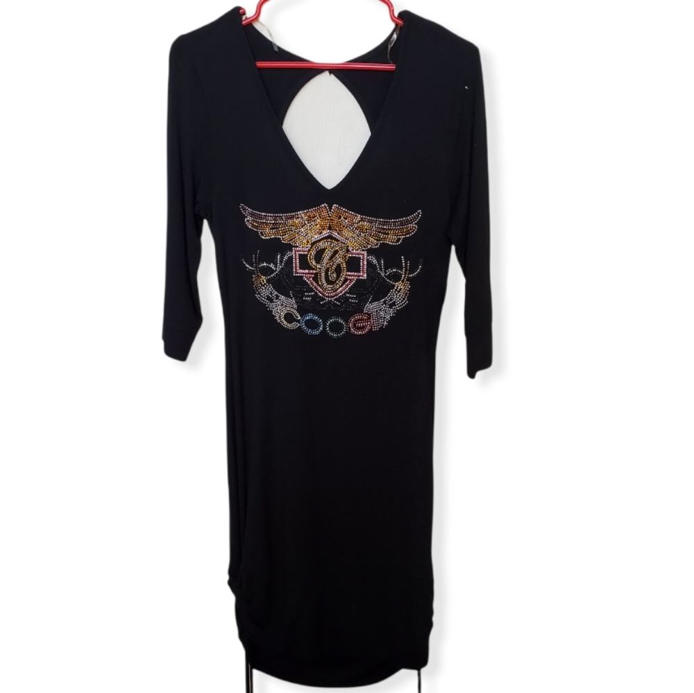 Y2K💥Vintage COOGI-🖤Black Bling Studded Logo Drape Back Dress, Size Med, NWT